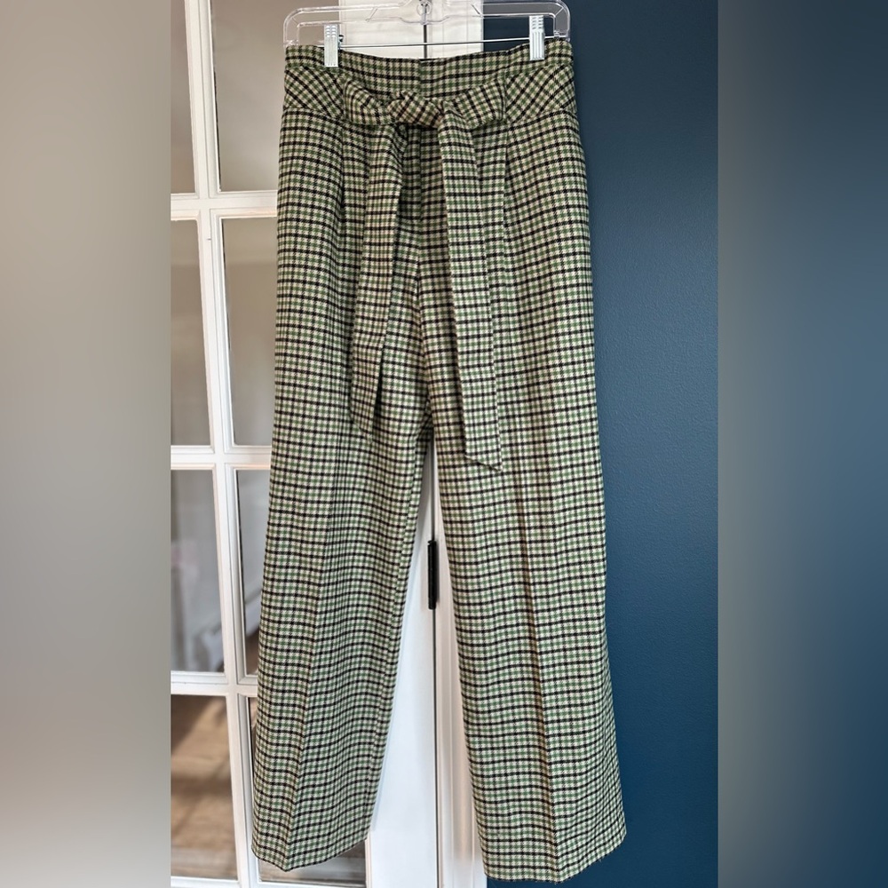 Boden Tie Waist Wool Blend Pants in Green Houndstooth Plaid, Size 2R